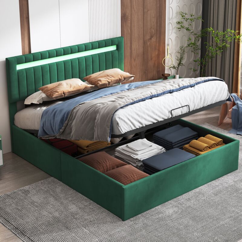 Tanant - Lit coffre 140x200cm, lit capitonné avec sommier à lattes en bois, tête de lit avec éclairage led intégré, rangement hydraulique, velours,