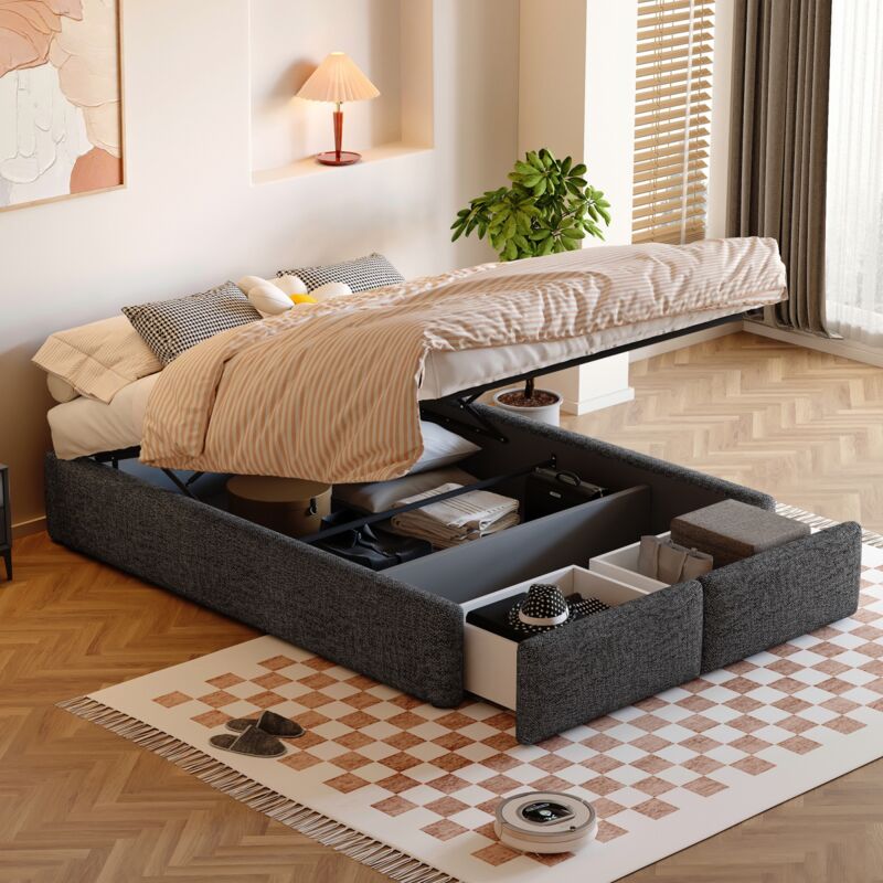 Lit coffre 140x200cm avec rangement, 2 tiroirs, sommier à lattes, sans tête de lit, Lit double de style scandinave, Gris