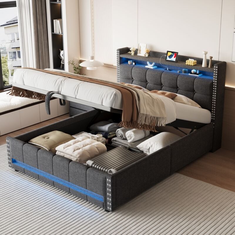 Lit coffre 140x200cm - tissu lin, Lit double capitonné avec éclairage LED et prises USB, tête de lit coffre, lit à fonction rangement, sommier à