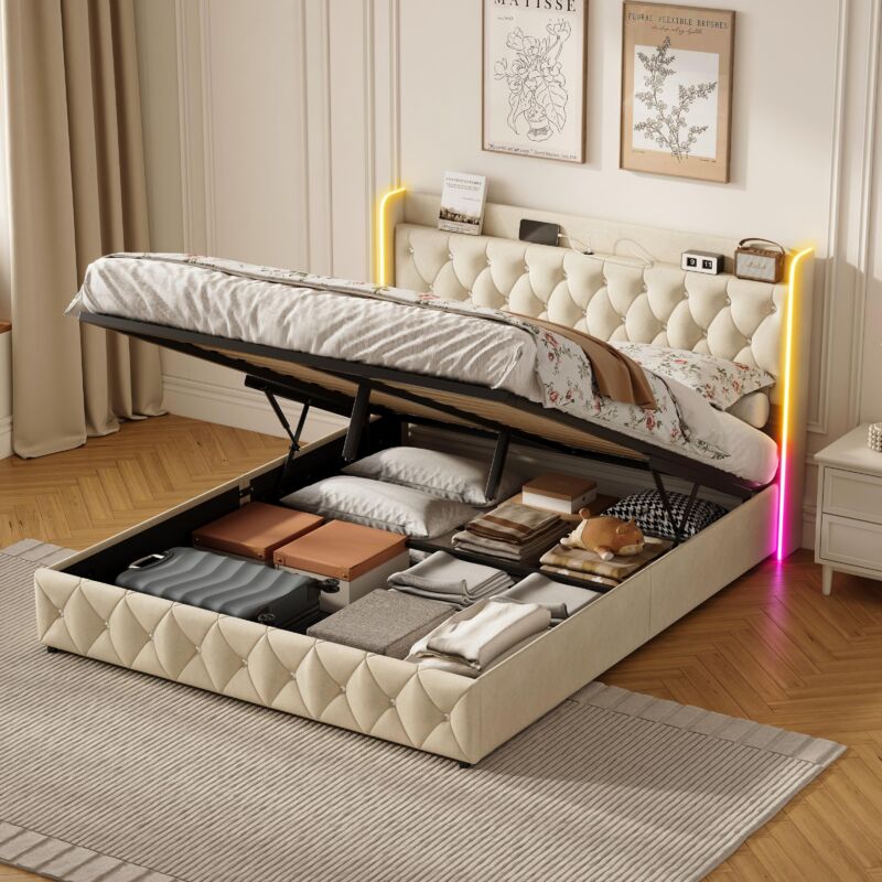 Lit coffre capitonné 160x200 cm - avec éclairage LED, sommier en bois massif, velours, grand espace de rangement, style scandinave - Beige