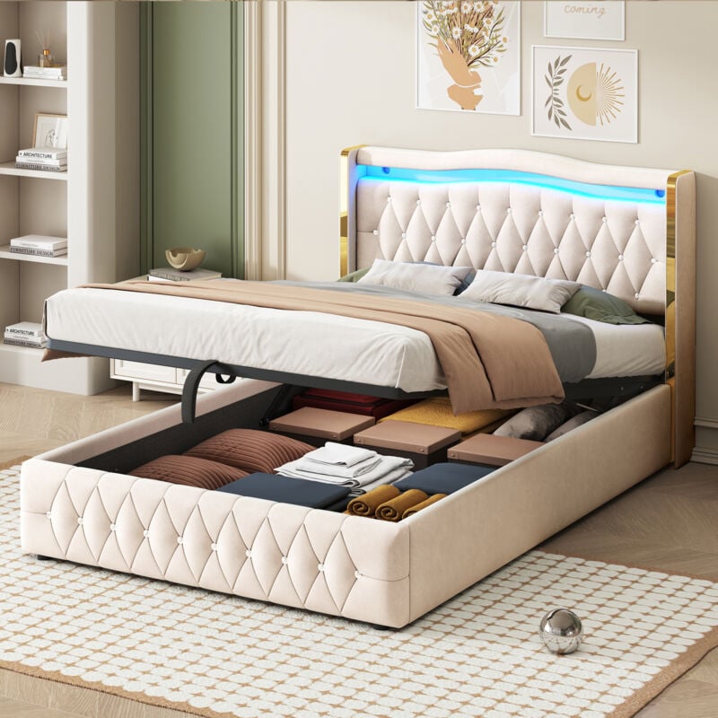 Modernluxe - Lit coffre capitonné 140x200 cm avec éclairage led - tissu en velours - Beige