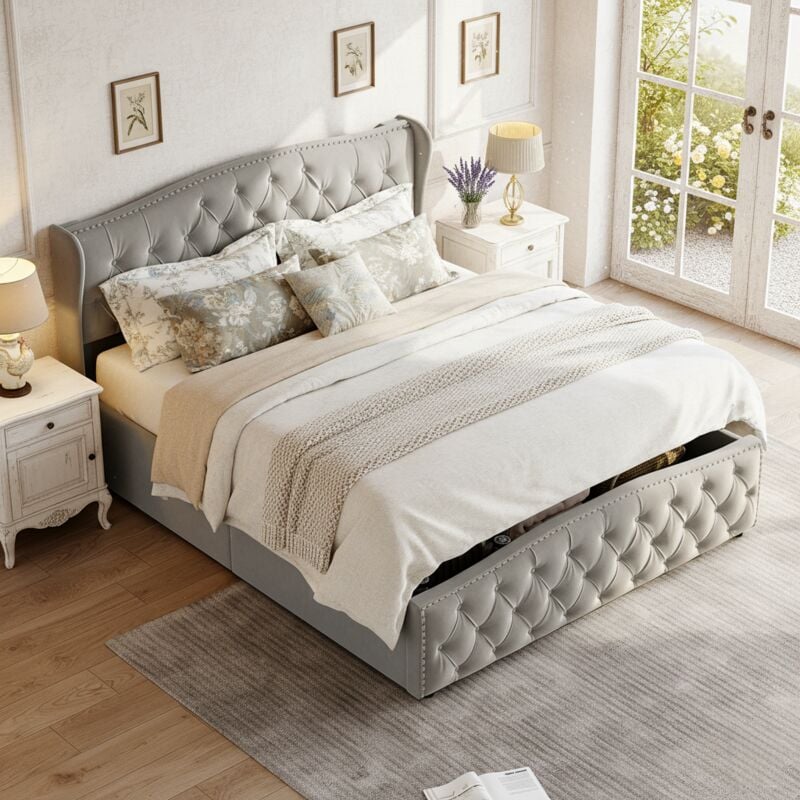 Lit coffre 140x200 cm - cadre de lit, lit double avec tête de lit diamant et rangement hydraulique, sommier à lattes, lit adulte en tissu velours