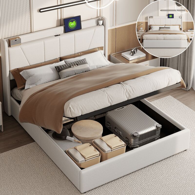 Lit coffre capitonné 160x200 en lin naturel beige - Mécanisme hydraulique anti-poussière - Tête de lit avec 2 usb + Type-C - Adulte & Adolescent