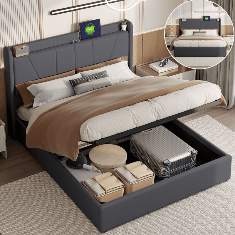 Lit coffre capitonné 160x200 en lin naturel gris - Mécanisme hydraulique anti-poussière - Tête de lit avec 2 usb + Type-C - Adulte & Adolescent
