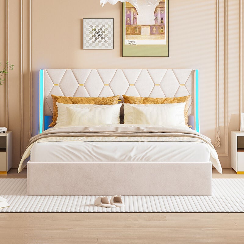 Blanketswarm - lit coffre capitonné 140x200, lit double 140x200, lit adulte avec sommier, lit capitonné avec lumière led réglable, motif argylé,