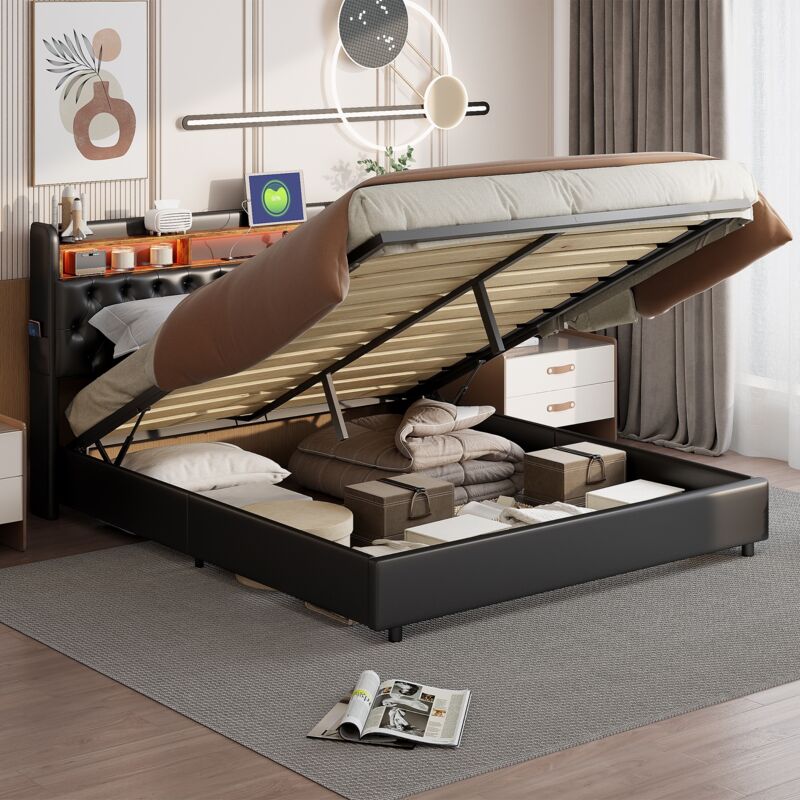Lit coffre 180x200cm, lit capitonné avec sommier à lattes, tête de lit décorée de boutons, avec éclairage led, rangement, cadre de lit en métal, pu,