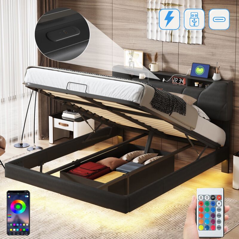 Lit coffre capitonné 140x200 cm, similicuir, avec éclairage led, hydraulique de rangement, usb-a/c charge, sommier à lattes en bois - Noir