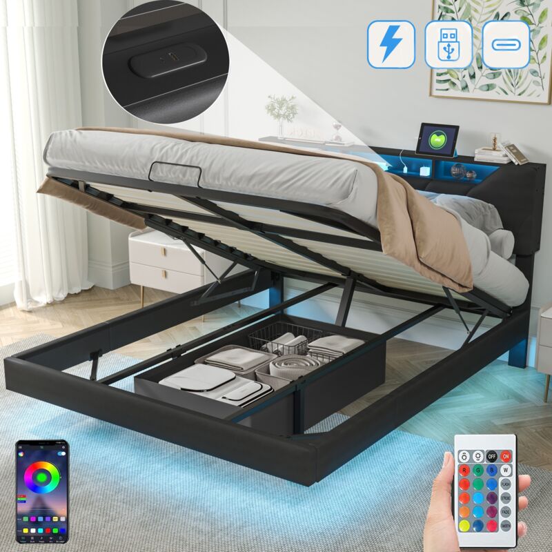 Lit coffre capitonné 160x200 cm, similicuir, avec éclairage led, hydraulique de rangement, usb-a/c charge, sommier à lattes en bois - Noir