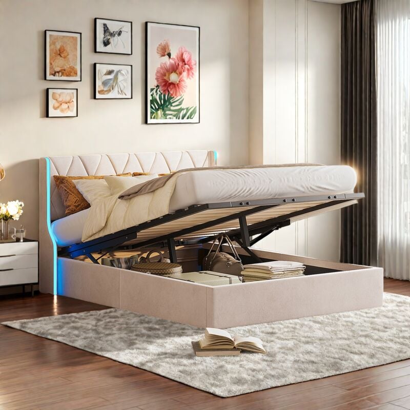 Lit coffre capitonné 160x200cm - tête de lit décorative losanges et tiges hydrauliques, LED réglable, sommier à lattes, lit double en velours - beige