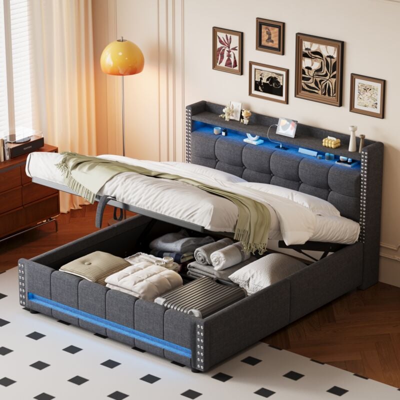 Tanant - Lit coffre capitonné 160x200cm - tissu lin, Lit double avec éclairage led et prises usb, tête de lit coffre, lit à fonction rangement