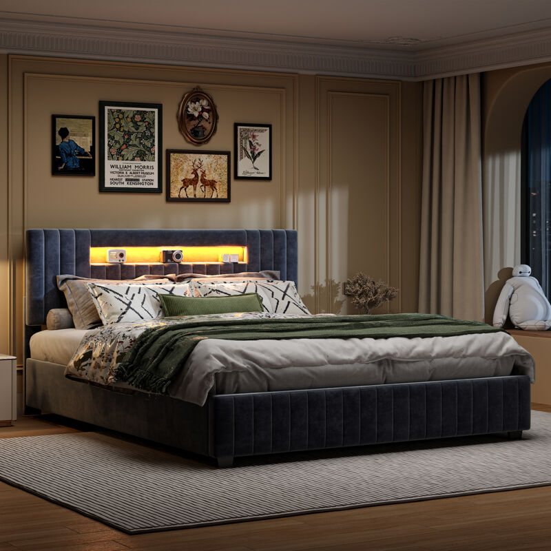 Lit Coffre Capitonné 140x200,Lit Coffre 140x200 Led avec USB Lit Double Lit Capitonne Velours avec Tête de Lit avec Sommier à Lattes Lit Adulte avec