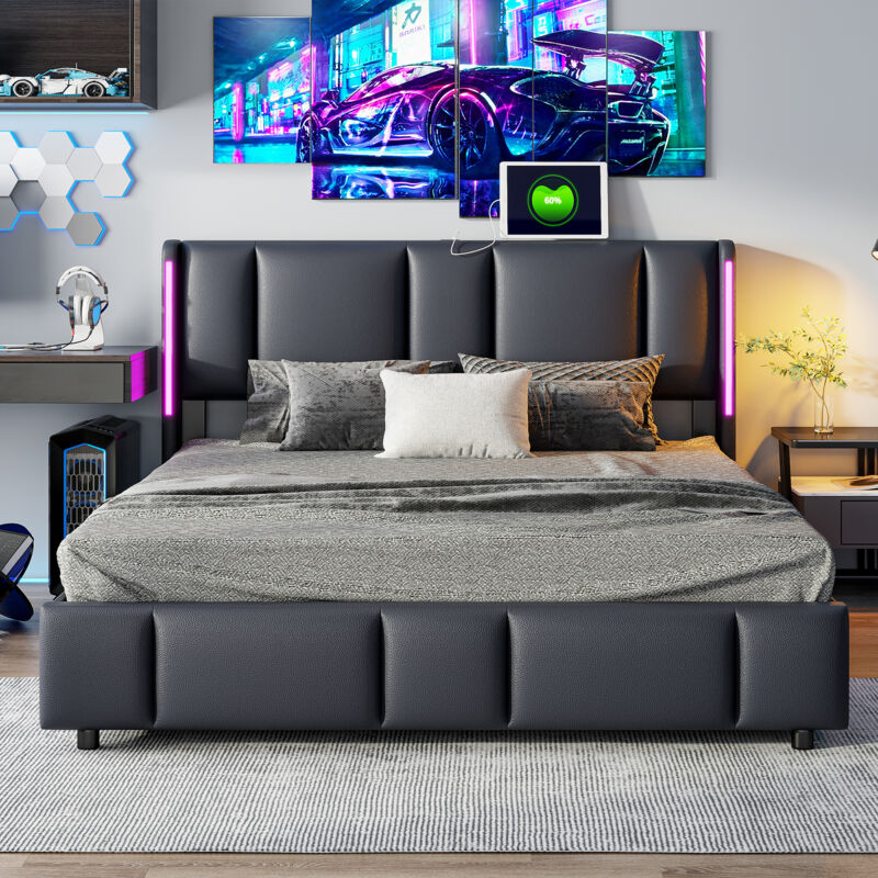 Blanketswarm - Lit Coffre Capitonné 160x200,Lit Double Capitonne 160x200 Lit Adulte avec Rangement Lit Coffre 160x200 Led avec usb Lit 160x200 avec