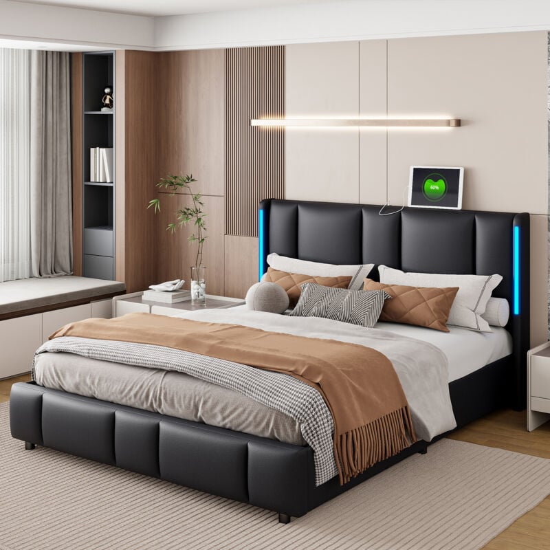 Blanketswarm - Lit Coffre Capitonné 140x200,Lit Double Capitonne 140x200 Lit Adulte avec Rangement Lit Coffre 140x200 Led avec usb Lit 140x200 avec