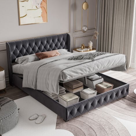 lit coffre capitonné 160x200,lit double,lit adulte avec base en bois,tête de lit avec finition rivet,tissu velours,gris foncé