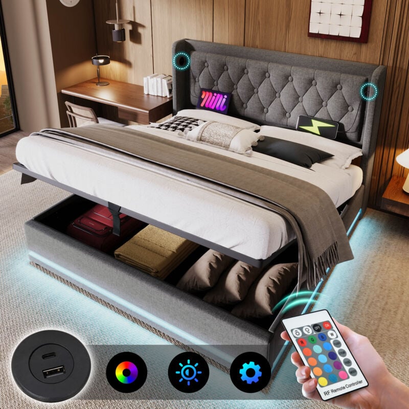 Lit coffre capitonné 180 x 200 cm en tissu coton - avec fonction de recharge et LED au pied du lit - Gris