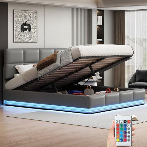 Lit coffre capitonné 180x200 cm, similicuir, avec éclairage LED, hydraulique espace de rangement, sommier à lattes, cadre en métal - Gris clair