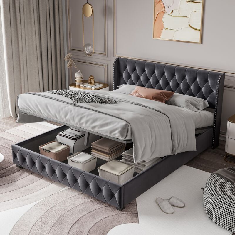 Lit coffre capitonné 180x200 cm, avec hydraulique de rangement, sommier à lattes, cadre en métal, lit double en velours - Gris