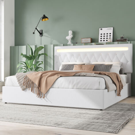 Lit coffre capitonné 180x200cm - avec LED à couleur changeante et prises USB - Blanc