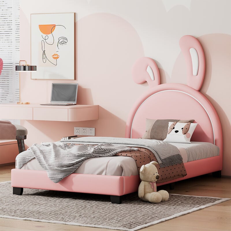 Keepbuying - Lit coffre capitonné 90x200cm,lit d'enfant avec sommier à lattes et dossier,Lit de Fille en forme d'oreille de lapin,Rose (matelas non