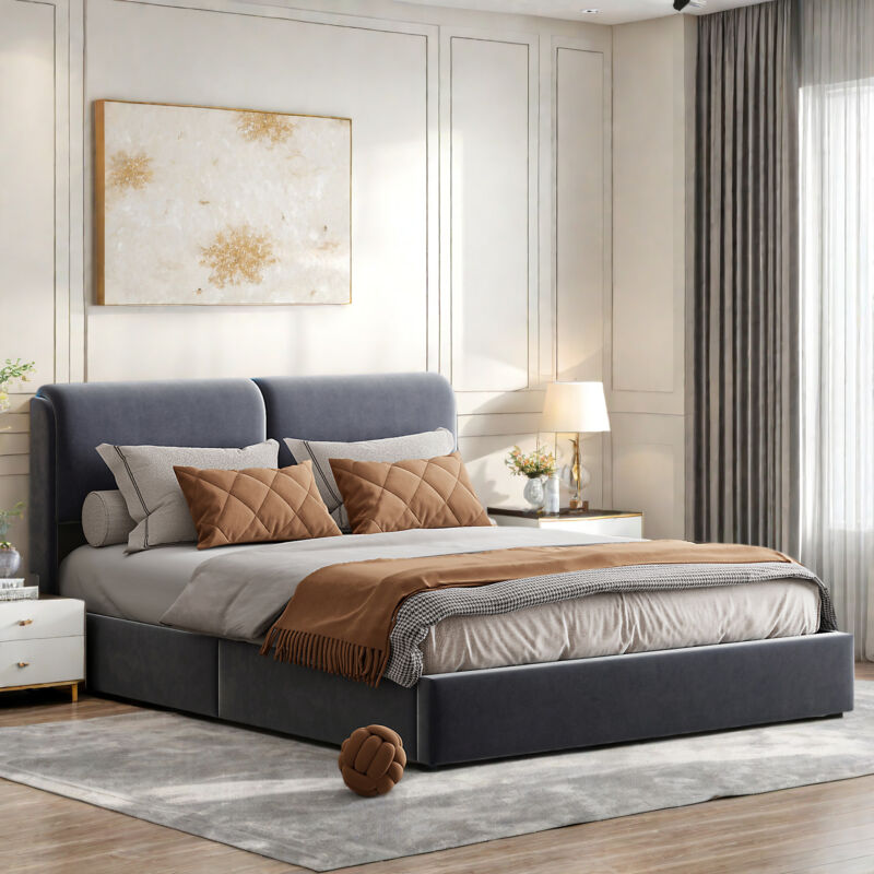 Sureh - lit coffre capitonné avec rangement, lit coffre double 140 x 200, lit adulte, lit rembourré avec led, sommier à lattes, Velours, Gris