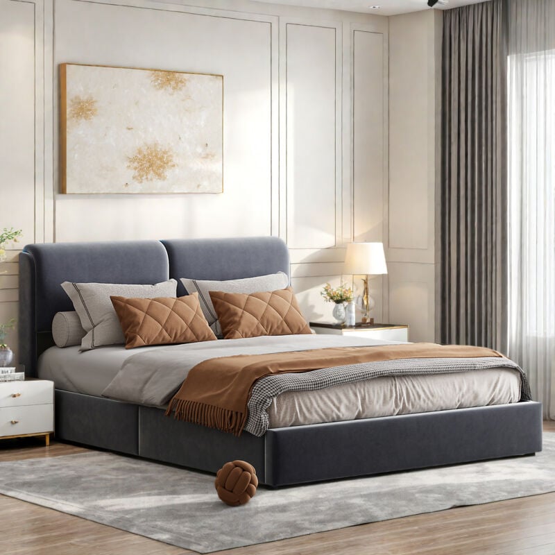 Lit coffre capitonné 160x200 avec rangement, lit coffre double, lit adulte, lit rembourré avec led, sommier à lattes, Velours, Gris