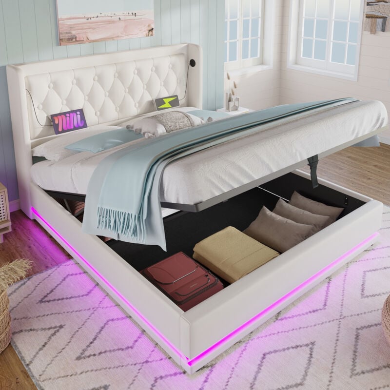 Lit coffre capitonné double 140 x 200 cm avec fonction de chargement usb Type-C et led, en pu, blanc, sans matelas