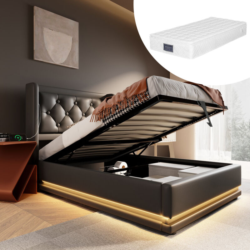 Lit coffre capitonné simple 90 x 200 cm avec fonction de chargement usb Type-C et led, en pu, noir, matelas inclus