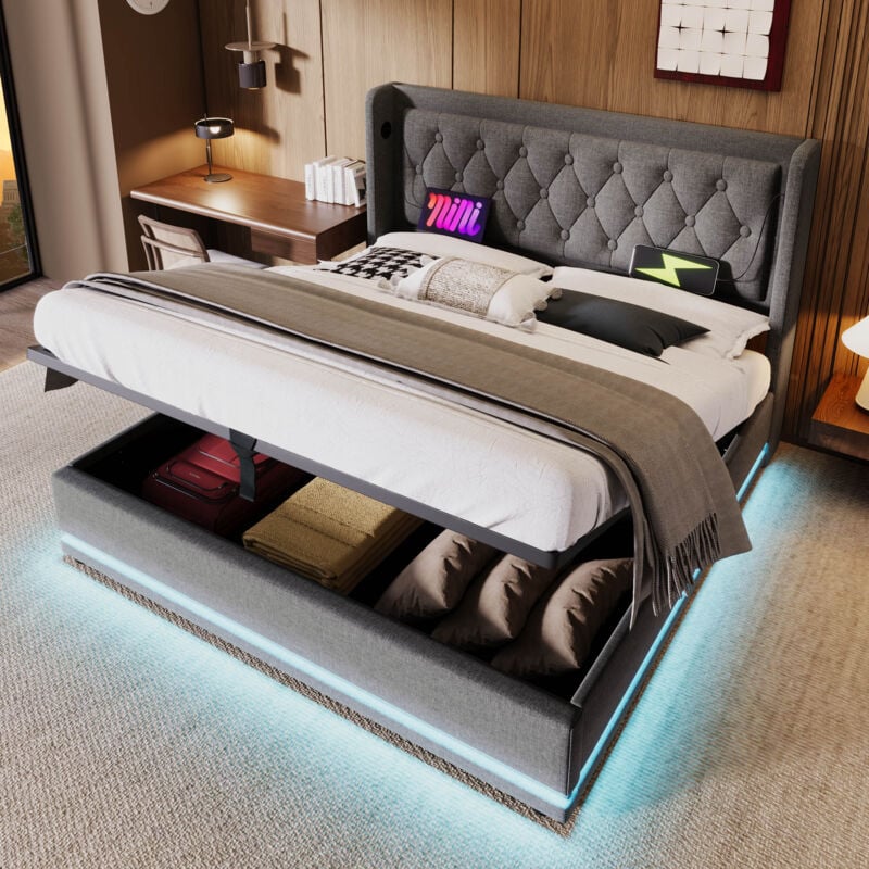 Lit coffre capitonné double 160 x 200 cm avec fonction de chargement usb Type-C et led, en coton, gris, sans matelas