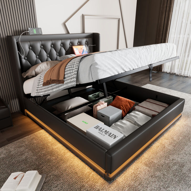Wishdor - Lit coffre capitonné double 180 x 200 cm avec fonction de chargement usb Type-C et led, en pu, noir, sans matelas