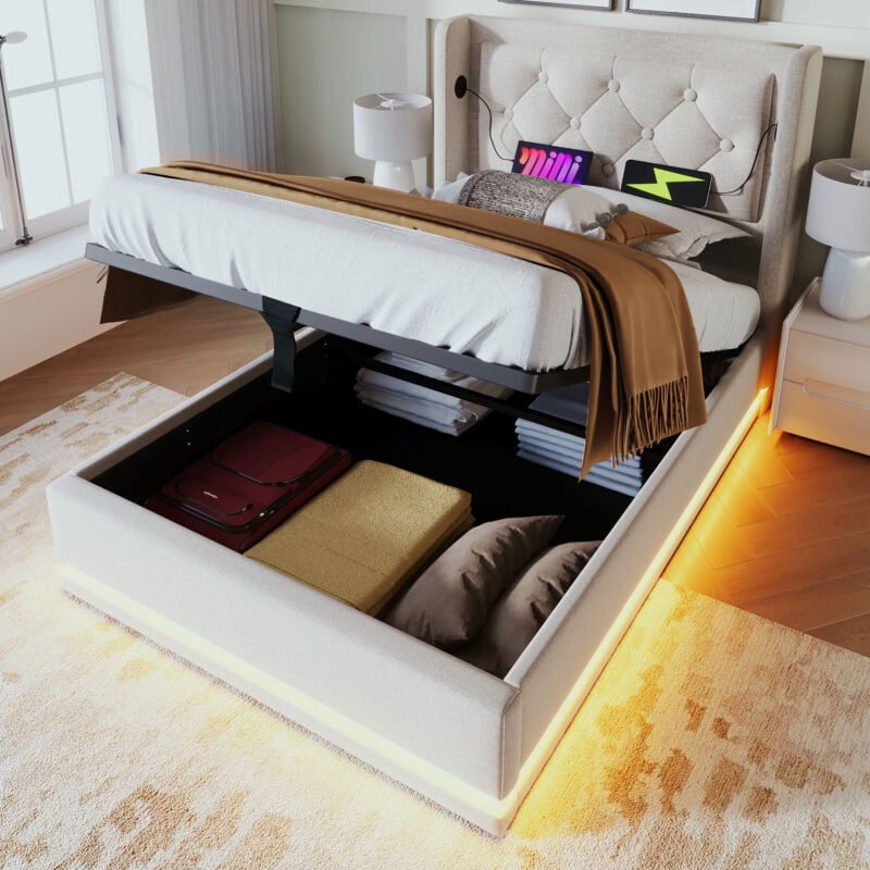 Lit coffre capitonné simple 90 x 200 cm avec fonction de chargement USB Type-C et LED, en coton, beige, sans matelas