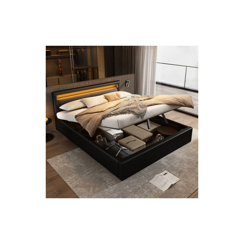 Lit coffre 140x190 cm avec tête de lit éclairée par led, sommier à lattes, sans matelas, sans fond, similicuir, noir