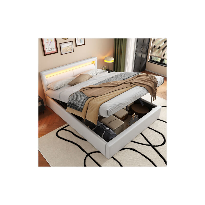 Lit coffre 140x190 cm avec tête de lit éclairée par led, sommier à lattes, sans matelas, sans fond, similicuir, blanc