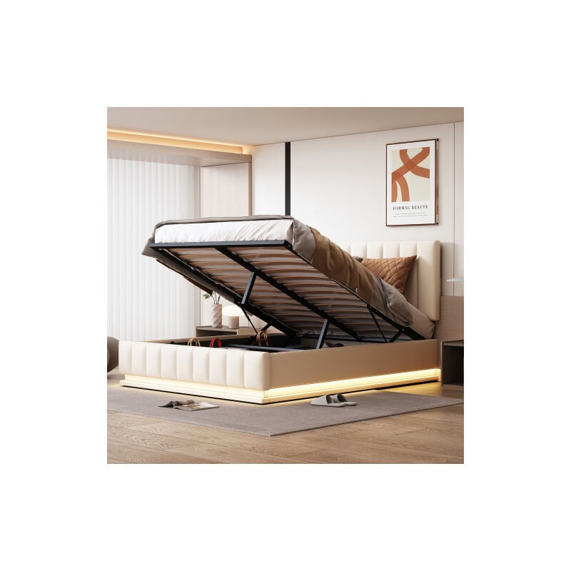 Wishdor - Lit coffre 140x200 cm, lit adulte led, lit capitonné avec sommier à lattes et tête de lit capitonnée, en similicuir, blanc, sans matelas