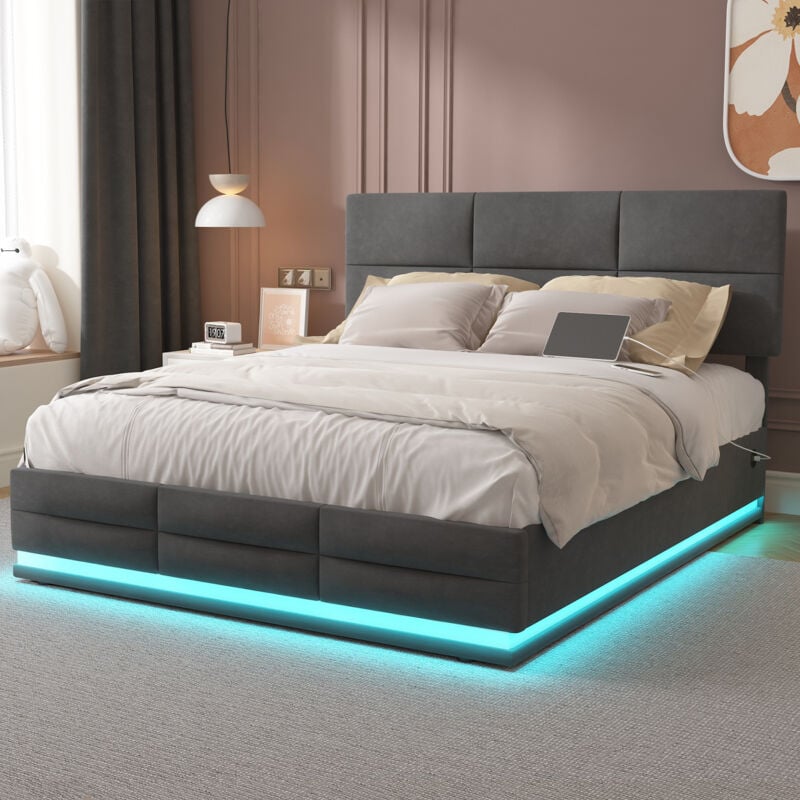 Lit coffre 160x200 cm, lit adulte led, lit capitonné avec chargeur usb, cadre de lit en velours doux pour la peau, gris, sans matelas