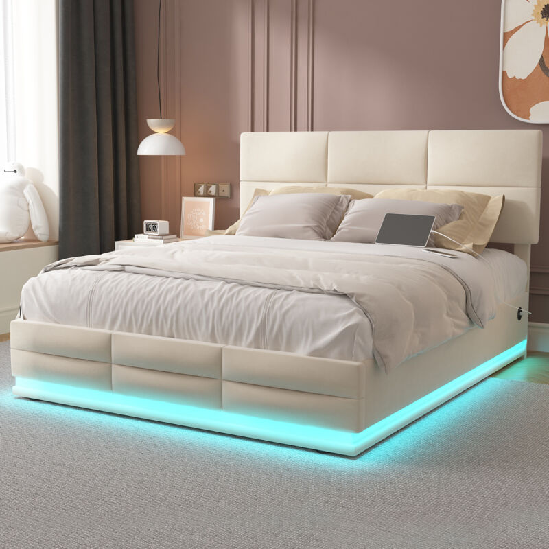 Lit coffre 140x200 cm, lit adulte led, lit capitonné beige avec chargeur usb, cadre de lit en velours doux pour la peau, sans matelas