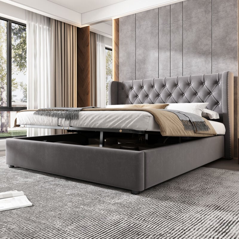 Modernluxe - Lit coffre capitonné en velours 140x190cm avec sommier à lattes - Gris