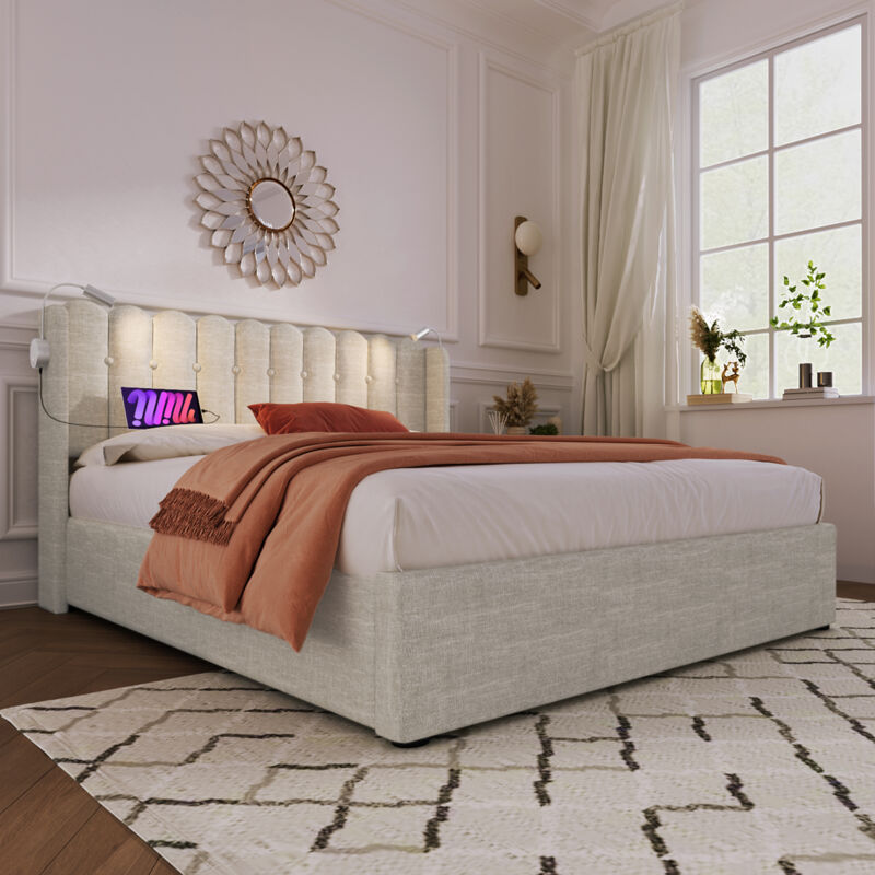Lit coffre capitonné en lin - avec LED et ports de charge USB - 140x200 cm - Beige