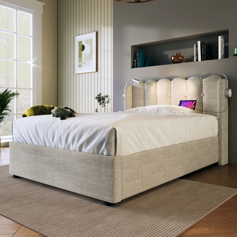 Modernluxe - Lit coffre capitonné en lin - avec led et ports de charge usb - 90x200 cm - Beige