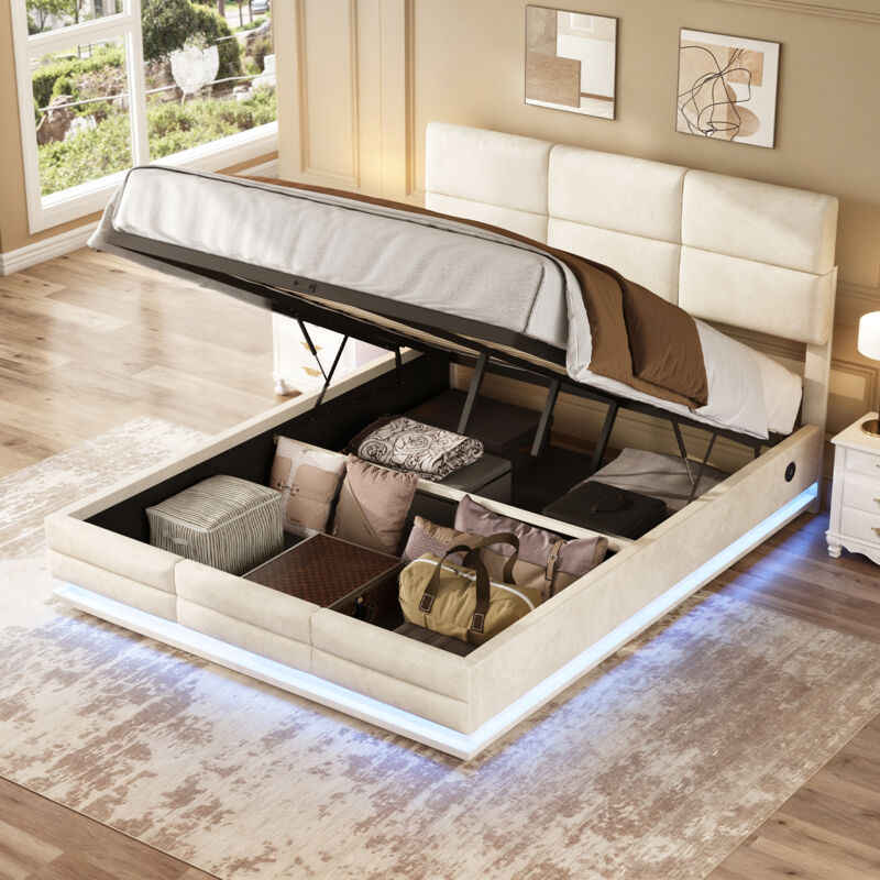 Lit 160x200 cm, lit coffre capitonné, lit adulte double, LED+chargeur usb port, velours, sans matelas, beige