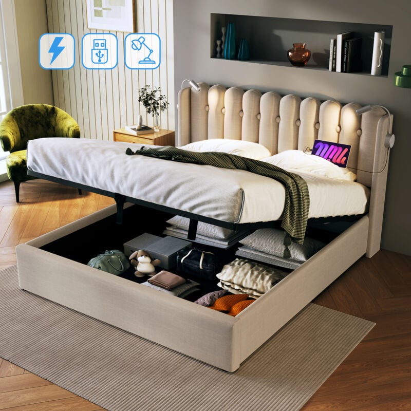 Lit coffre Lit adulte double 140 x 200 cm. lampe de lecture avec chargement. espace de rangement. en lin. Naturel