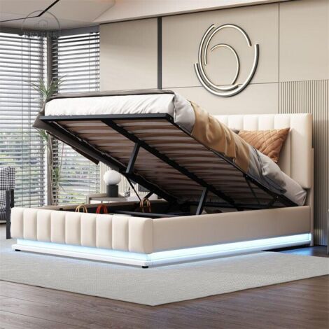 Lit coffre capitonné LED 140 x 200 cm – Rangement hydraulique – Structure métallique – Éclairage LED avec télécommande – Similicuir beige/gris clair