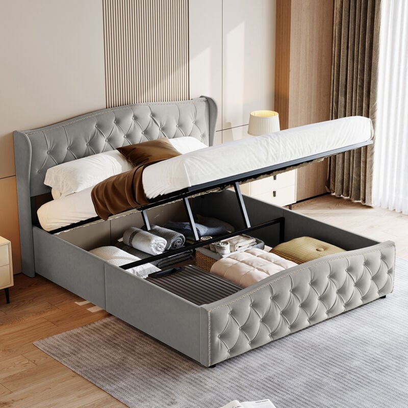 Lit coffre 140x200 cm, lit adulte capitonne, lit double avec rangement, lit rembourré double avec levier hydraulique et tête de lit décorative