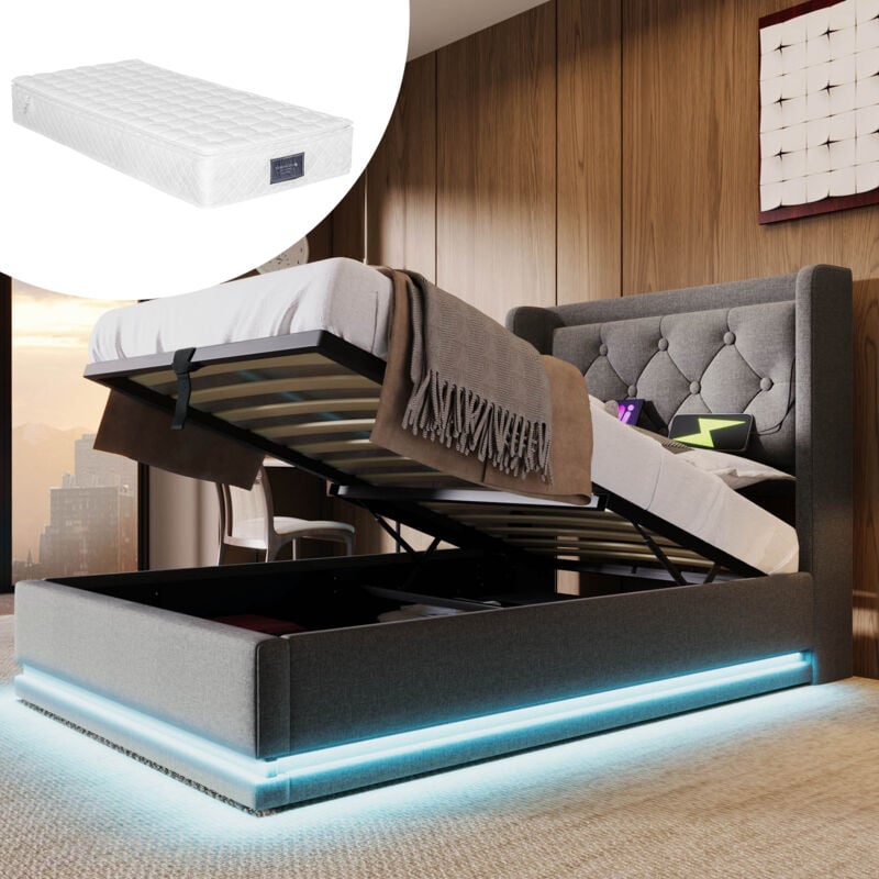 Lit coffre capitonné 90 x 200 cm, lit adulte hydraulique, usb Type-C, led, coton, matelas inclus, gris
