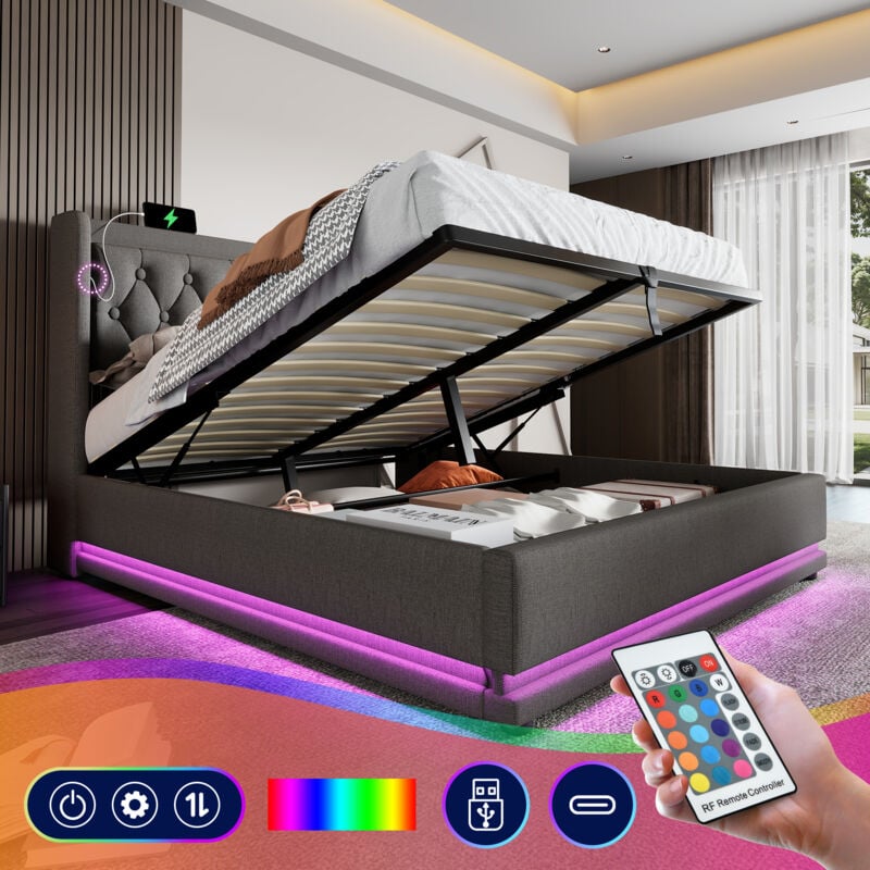 Hauss Spole - Lit coffre capitonné 160x200 cm, lit adulte hydraulique, usb Type-C, led, coton, sans matelas, gris