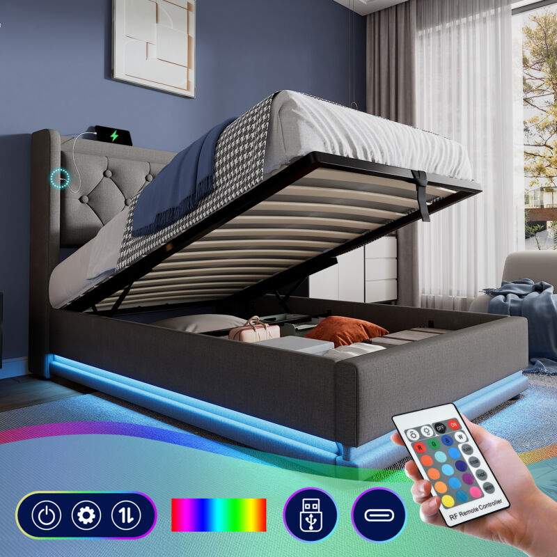 Lit coffre capitonné 90x200 cm, lit adulte hydraulique, usb Type-C, led, coton, sans matelas, gris