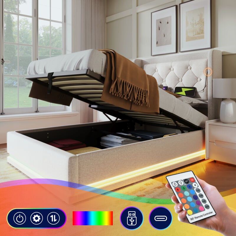 Lit coffre capitonné 90x200 cm, lit adulte hydraulique, usb Type-C, led, coton, sans matelas, beige