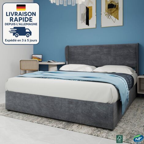 Lit coffre capitonné tissu 140x200 -Cadre de lit queen size avec belle tête de lit drapée verticale recouverte de velours hollandais, lit plateforme à lattes, moderne - Bois Certifié PEFC - Gris