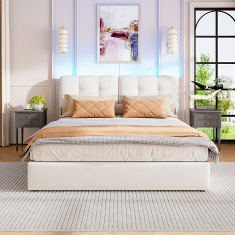 Lit coffre capitonnée 160x200 cm en velours beige – Lit adulte 2 personnes avec lumière LED - Sommier à lattes en bois - Sans matelas