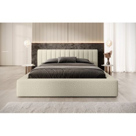 Lit coffre CERVIN – Taupe sablé bouclé – 140x200 cm – Sommier relevable – Design haut de gamme