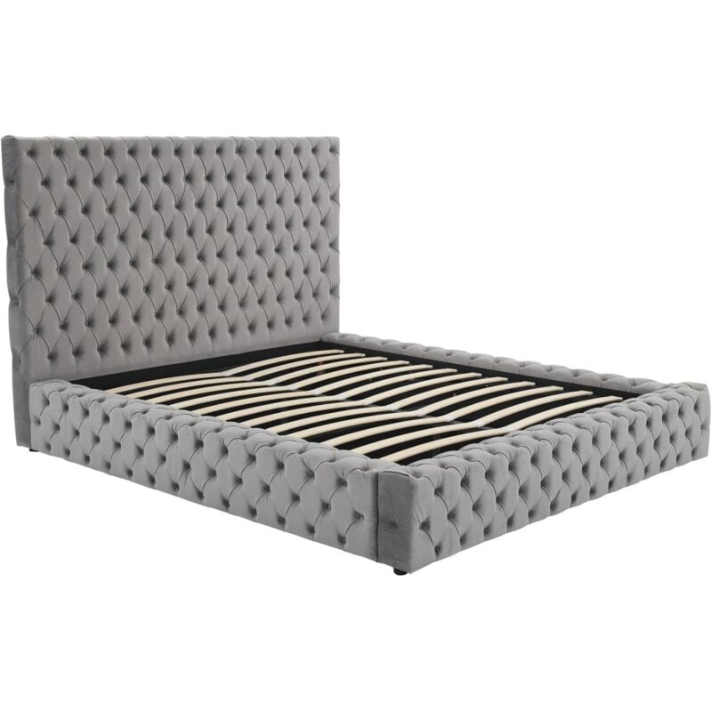 Vente-unique - Lit coffre chesterfield 160 x 200 cm - Velours - Gris - duleni